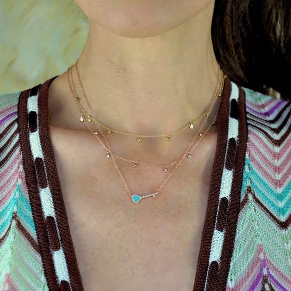 14k Pave Diamond Turquoise Diamond Key Pendant/Necklace - Picture 3 of 6